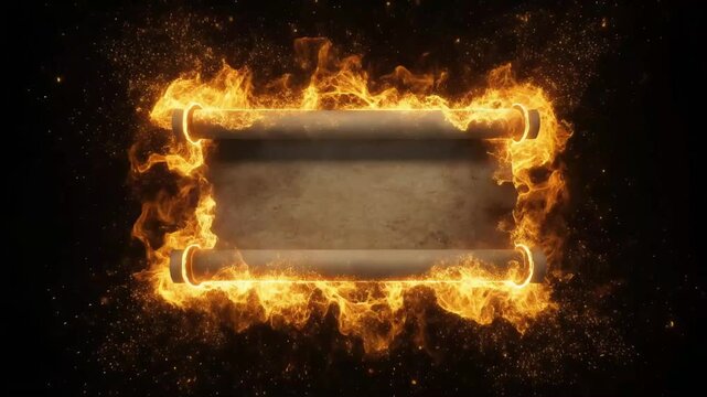 Ancient parchment scroll erupting with intense magical golden flames in a dramatic motion video background for dynamic fantasy creative projects