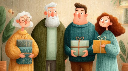 Fototapeta premium People exchanging Christmas gifts, happy and festive moment indoors