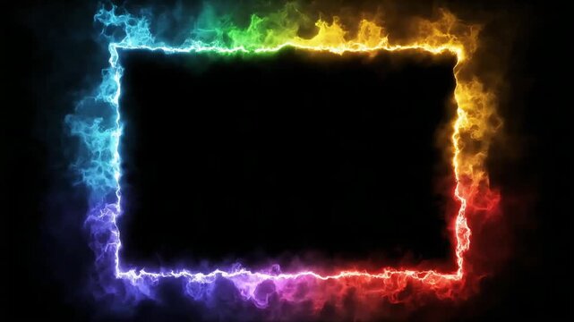 Vibrant rainbow color spectrum fire frame motion footage with glowing smoke effects surrounding a dark central rectangular copy space area