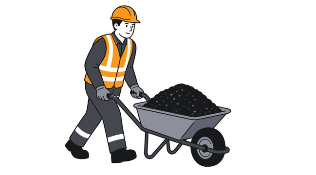 Construction worker pushing wheelbarrow with coal