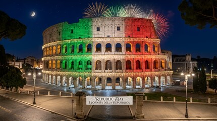 Colosseum illuminated with Italian flag colors and fireworks at night
