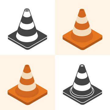 Traffic cone. Vector icon set n color and black-and-white versions. Isometric traffic cones isolated on a white background. Ideal for signage, construction, safety, maps and  presentations.