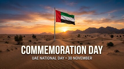 Uae flag waving over desert landscape at sunrise, commemoration day text