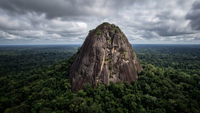 Towering granite monolith rising above an endless pristine rainforest canopy in Suriname