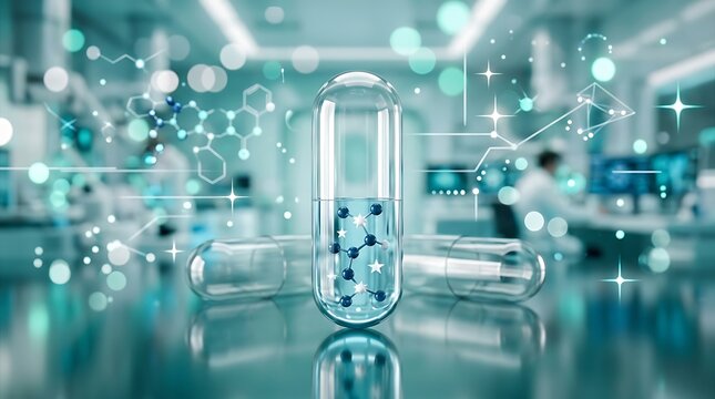 Futuristic medical capsule with molecular structure inside floating in laboratory environment representing advanced pharmaceutical research and biotechnology innovation