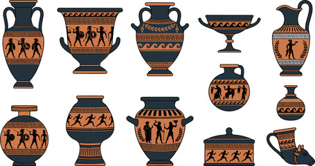 Ancient Greek black figure pottery vase collection with traditional terracotta amphora vessels krater jugs and mythological silhouette illustrations vector © MdMehedi