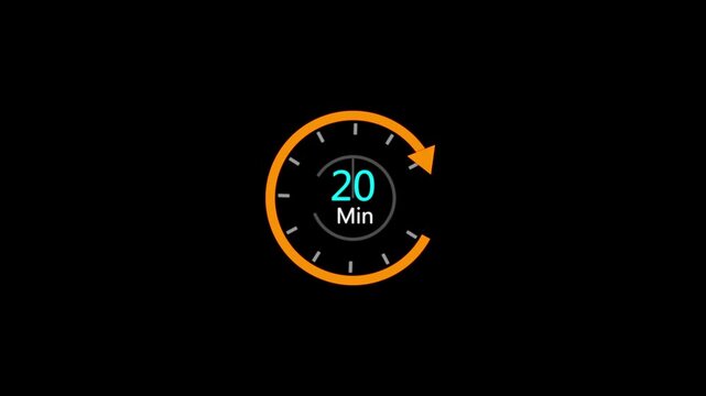 20 Min clock icon animation. 20 minute animation on black background.