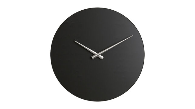 Minimalist black wall clock with slim metallic hands, isolated on transparent background