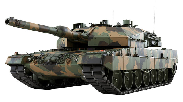Camouflaged main battle tank with large cannon, isolated on transparent background