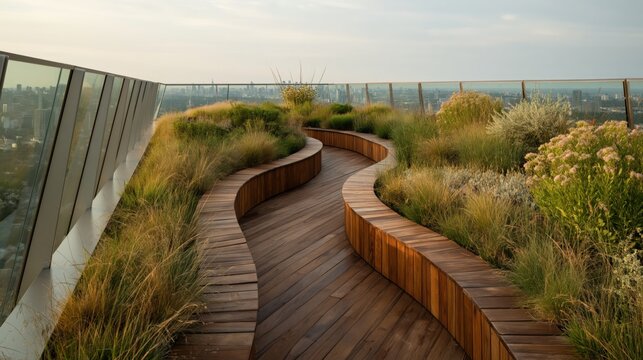 Lush rooftop garden with curved wooden walkway and wild grasses overlooking modern city skyline at golden hour sustainable design