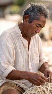 Older Southeast Asian man with sun-tanned skin sitting outdoors weaving straw craft in bright natural sunlight traditional artisan