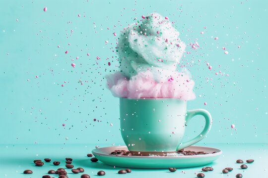 Whimsical cotton candy cloud overflowing from mint green coffee cup with colorful sprinkles on turquoise background fun creative concept