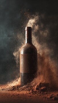 Luxury wine bottle covered in cocoa powder dust explosion on dark dramatic background for premium alcohol beverage product design