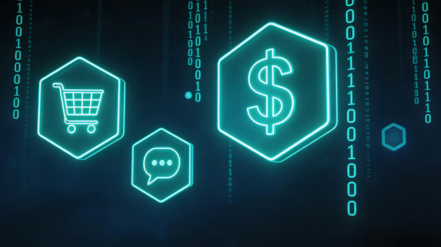 Digital icons on binary code background