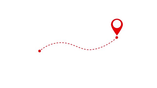 Animated dashed route line leading to map pin location on background.Navigation path with arrow and destination marker.