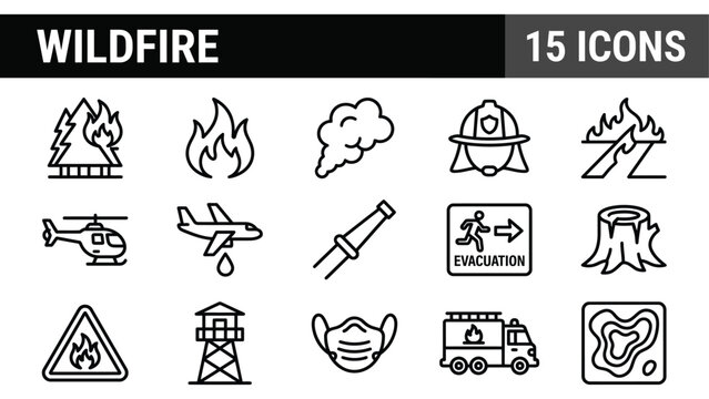 Wildfire icon set with 15 line vector elements. Firefighting equipment and forest fire emergency symbols collection.