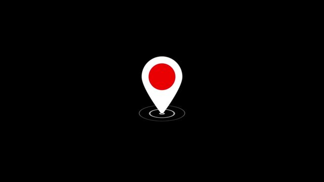 White glowing location pin icon with animated ripple on black background.