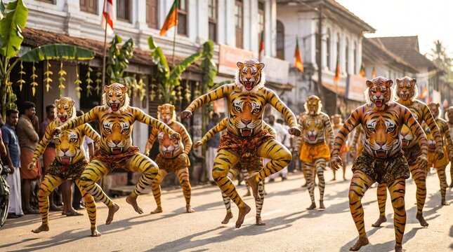 Traditional Pulikali Tiger Dancers Performing on Kerala Heritage Street