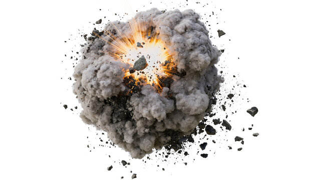 Intense explosion with bright light and flying debris, isolated on transparent background