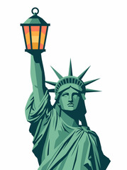 Obraz premium A stylized illustration of the Statue of Liberty, symbolizing freedom and democracy, showcasing her iconic features and holding a lantern aloft against a clean background.