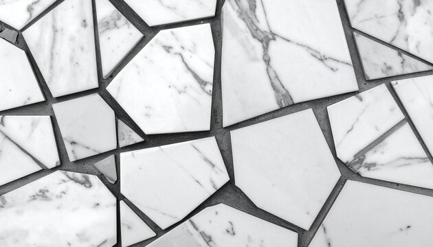 White marble mosaic with irregular fragments and gray grout texture