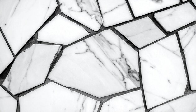 White marble mosaic with irregular fragments and gray grout texture