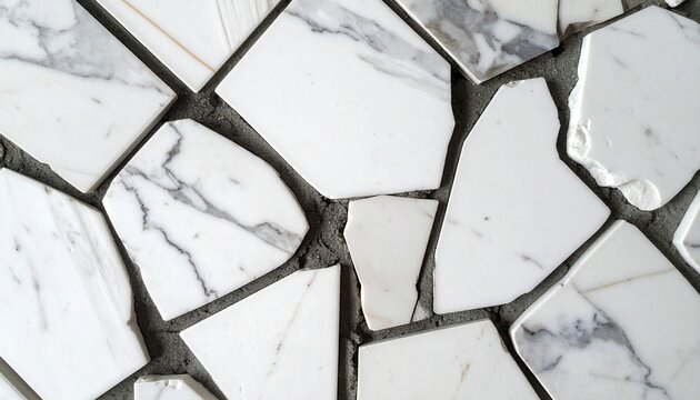 White marble mosaic with irregular fragments and gray grout texture