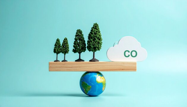 Miniature globe balancing trees and carbon cloud sustainability concept
