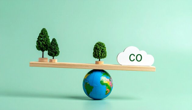 Miniature globe balancing trees and carbon cloud sustainability concept
