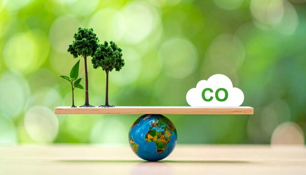 Miniature globe balancing trees and carbon cloud sustainability concept