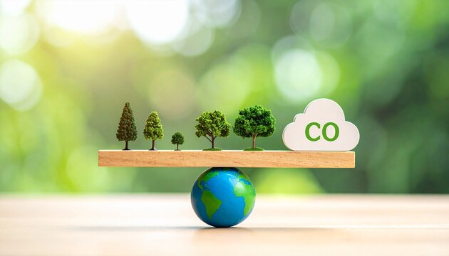 Miniature globe balancing trees and carbon cloud sustainability concept