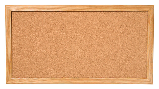 Rectangular cork board with light wood frame, isolated on transparent background