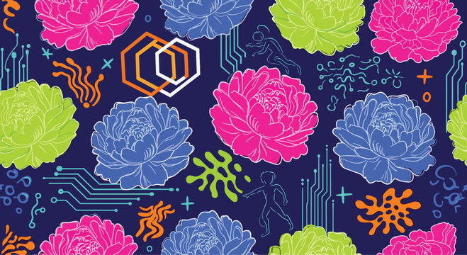 Vibrant seamless pattern features large colorful peonies and abstract tech-inspired circuit lines on a dark blue base.