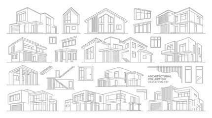 Fototapeta premium Line art sketches of contemporary residential house designs.
