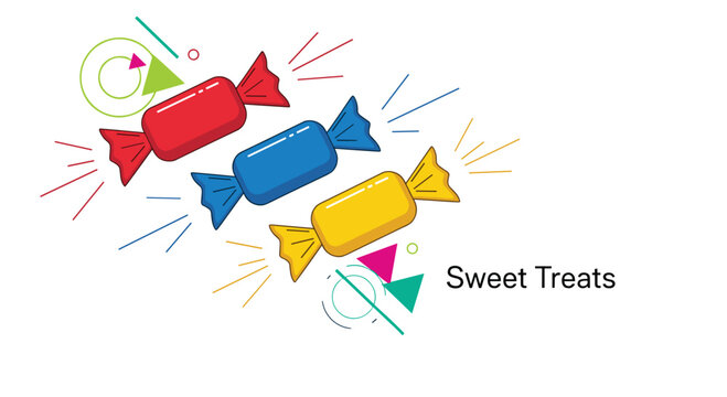 Three wrapped hard candies in red, blue, and yellow are scattered among colorful geometric lines and shapes.