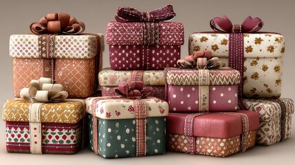 Fototapeta premium Pile of Christmas gift boxes in various sizes isolated on transparent background, festive holiday set