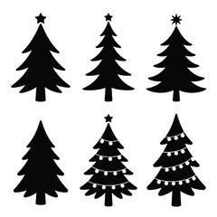 Obraz premium Christmas Tree Silhouettes With Stars And Lights Black On White