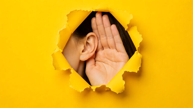 Curious person listening through hole in yellow paper, eavesdropping and overhearing secrets, hand near ear for better hearing concept isolated on White Background ai