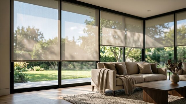 Modern cozy living room interior with solar roller blinds on big glass windows.