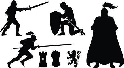 Medieval Knight Silhouette Icon Set with Armored Warriors, Shield, Sword, Jousting Lance, Castle Tower, and Heraldic Lion Crest © Maslima