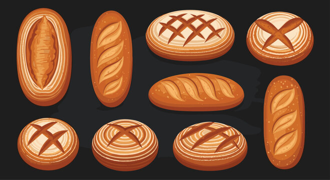 Variety of freshly baked artisanal bread loaves such as baguettes and round sourdough boules arranged on a dark chalkboard background.