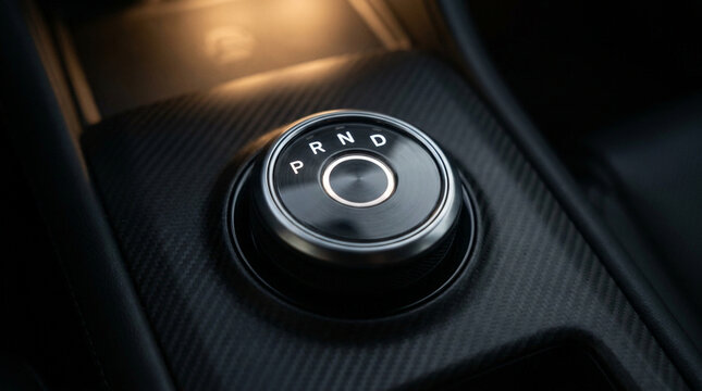 Digital literacy in modern car design is reflected in this sleek rotary gear shift knob with illuminated letters on textured console surface