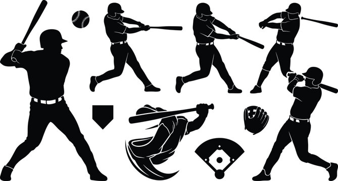Baseball Player Hitting and Batting Silhouette Icon Set with Ball, Glove, Home Plate, and Field Vector Graphic Elements
