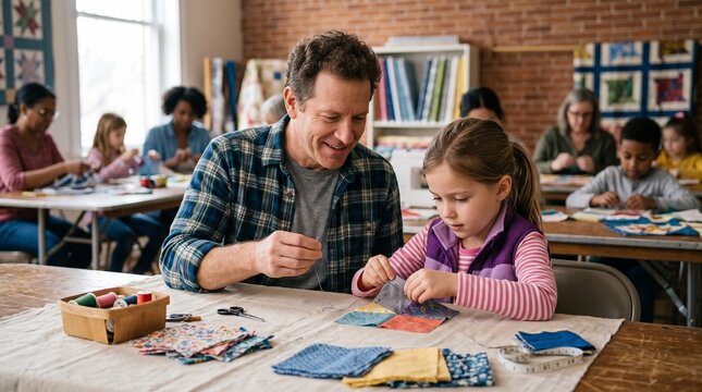Father and daughter happily sewing together in a craft class with other people