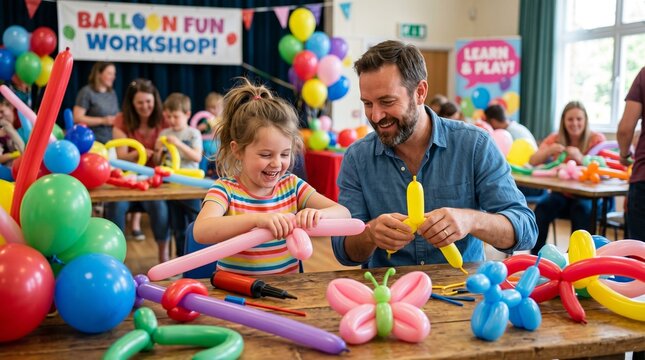 Father and daughter happily create balloon animals at a fun workshop event