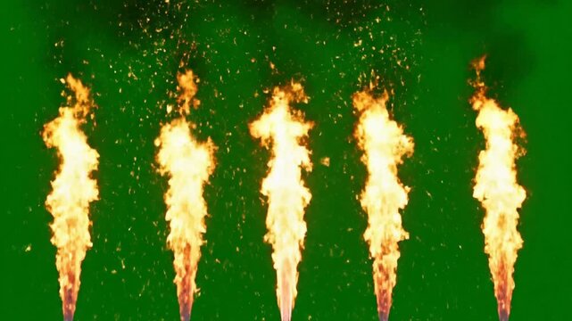 Five simultaneous fire jets with sparks on green screen for visual effects flames explosion pyrotechnics