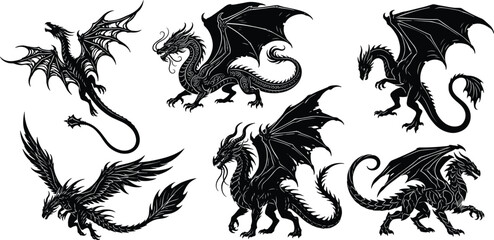 Obraz premium A diverse collection of intricate dragon vector illustrations featuring various poses, wingspans, and mythical styles for fantasy-themed design projects.