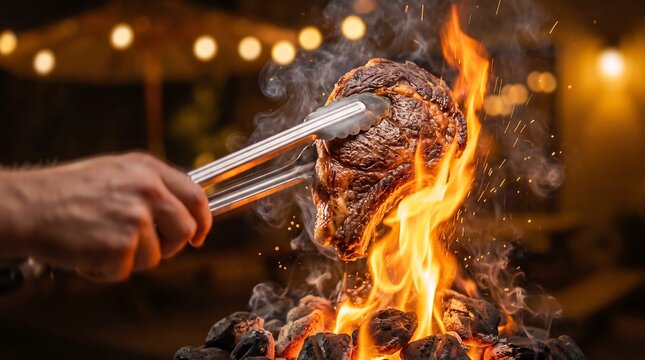 Mans hand using stainless steel kitchen tongs to flip a thick juicy ribeye beef steak over burning hot charcoal briquettes with high fire flames and smoke at night