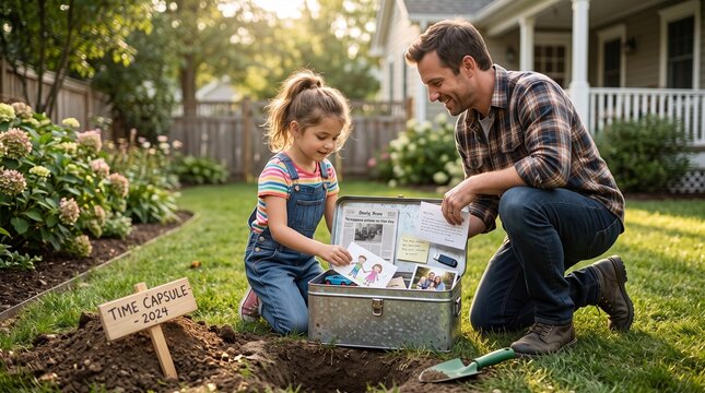 Father and daughter burying a time capsule in the backyard on a sunny day