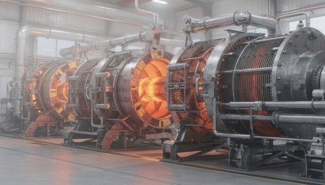 Medium shot of a regenerative calcination kiln featuring rotating chambers with heat exchangers capturing and redirecting thermal energy for enhanced fuel efficiency.